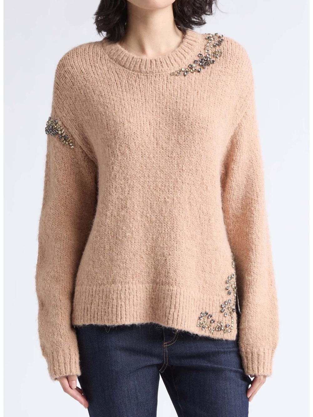 cinq a sept Beige Crewneck Sweater with Sequin Embellishments